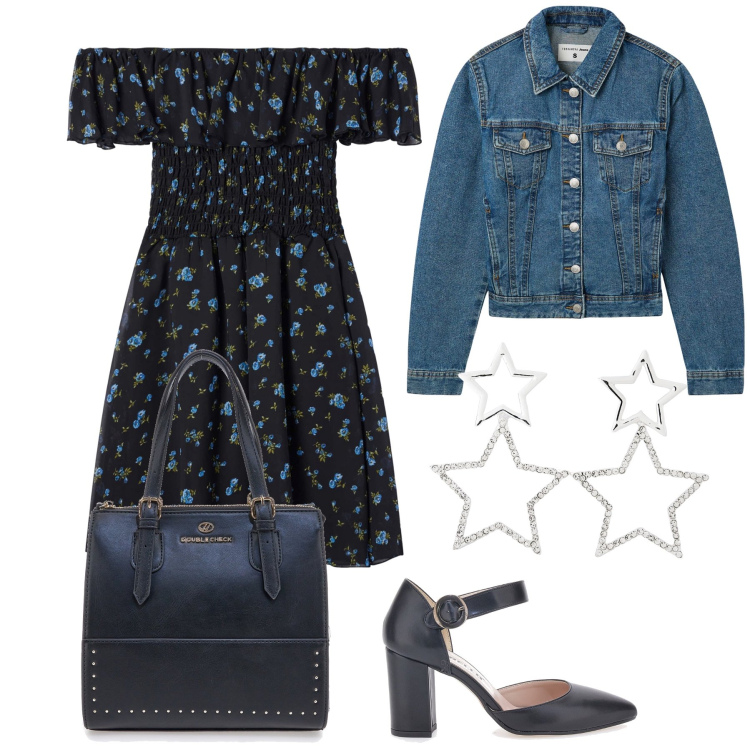 Outfit donna - A spalle nude sotto le stelle. Stile Glamour per Serata fuori. Abbinamento con vestiti corti, orecchini, blazer, borse a mano, décolleté.