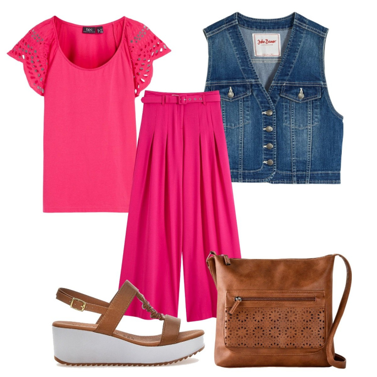 Outfit donna - Daily classic- fucsia. Stile Casual per Tutti i giorni. Abbinamento con borse a tracolla, gilet, pantaloni, maglieria, sandali.