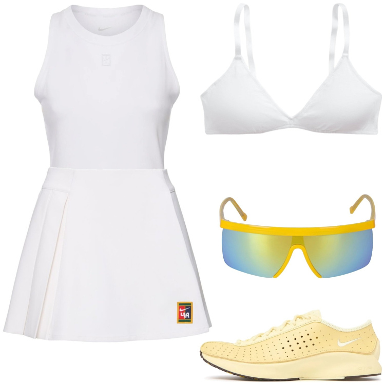 Outfit donna - Partita a tennis. Stile Basic per Sport. Abbinamento con reggiseni, occhiali da sole, canottiere, gonne, sneakers.