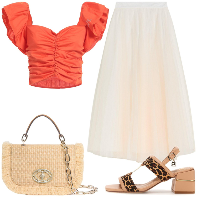 Outfit donna - Gonna vaporosa. Stile Chic per Cerimonia. Abbinamento con gonne lunghe, top, sandali col tacco, borse a tracolla.