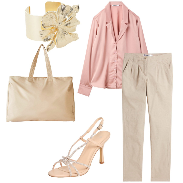 Outfit donna - Camicia in raso per l ufficio. Stile Chic per Ufficio. Abbinamento con pantaloni chino, shopping bag, bluse, sandali col tacco, braccialetti.