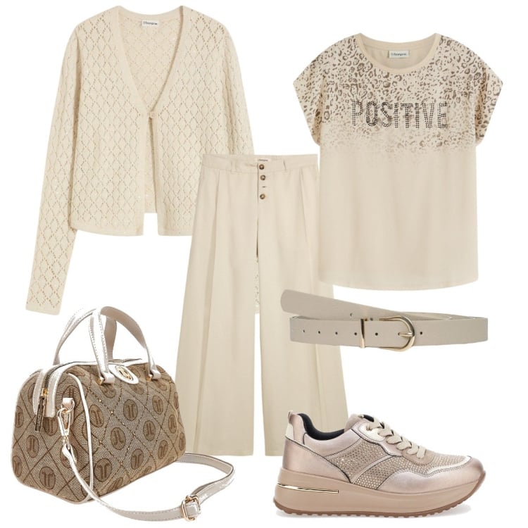 Outfit donna - Total look beige. Stile Casual chic per Ufficio. Abbinamento con pantaloni, maglieria, cardigans, cinture, sneakers, borse a mano.