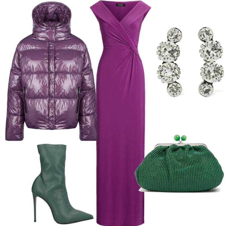 Outfit donna - Purple. Stile Chic per Serata fuori. Abbinamento con stivaletti, blazer, vestiti lunghi, orecchini, pochette.