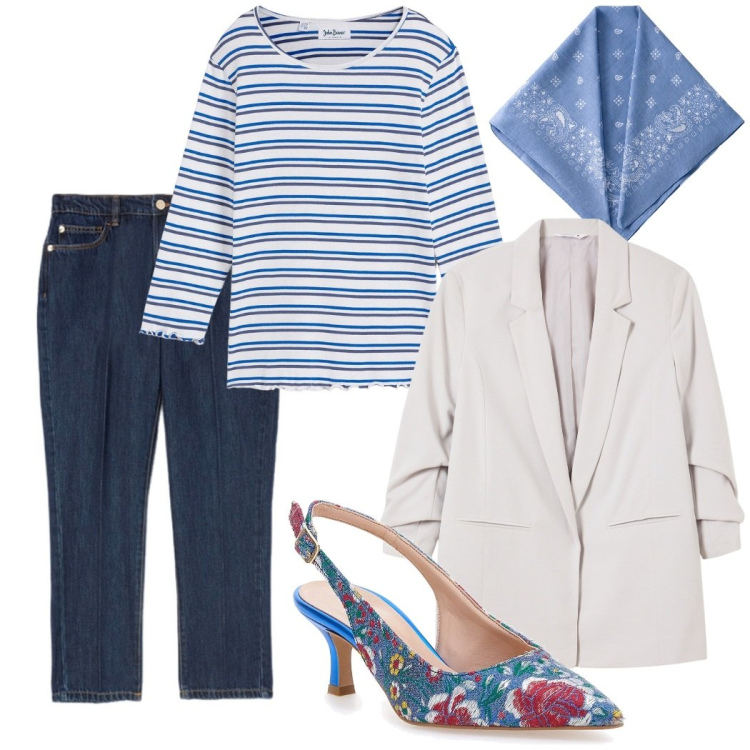 Outfit donna - Total look #2123998. Stile Casual chic per Tutti i giorni. Abbinamento con maglieria, blazer, décolleté, jeans, foulard.