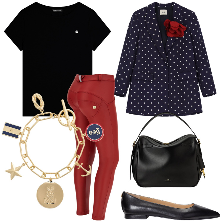 Outfit donna - Total look. Stile Urban per Tutti i giorni. Abbinamento con pantaloni skinny, t-shirt, blazer, ballerine, borse a mano, braccialetti con ciondoli.
