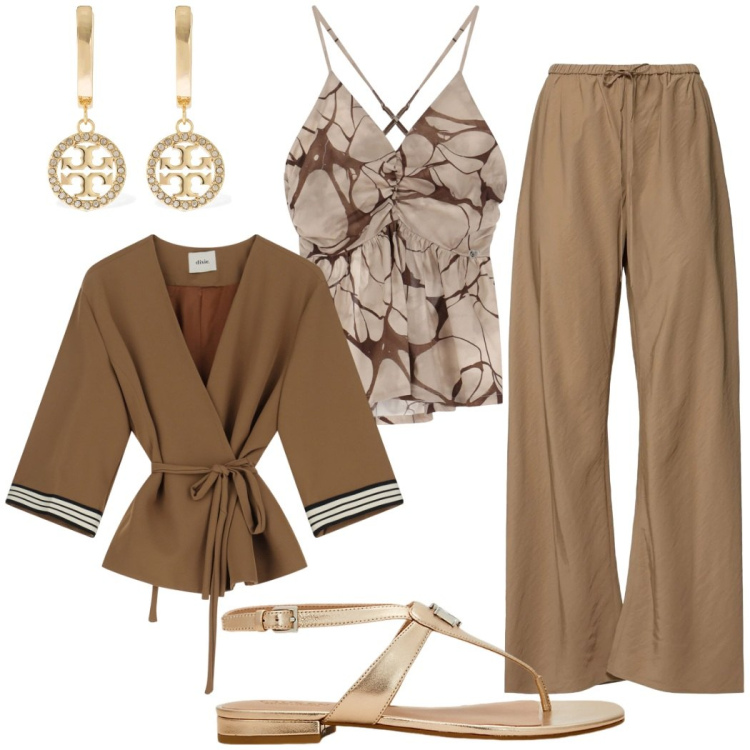 Outfit donna - In vacanza. Stile Casual chic per Serata fuori. Abbinamento con canottiere, blazer, sandali in pelle, orecchini, pantaloni.