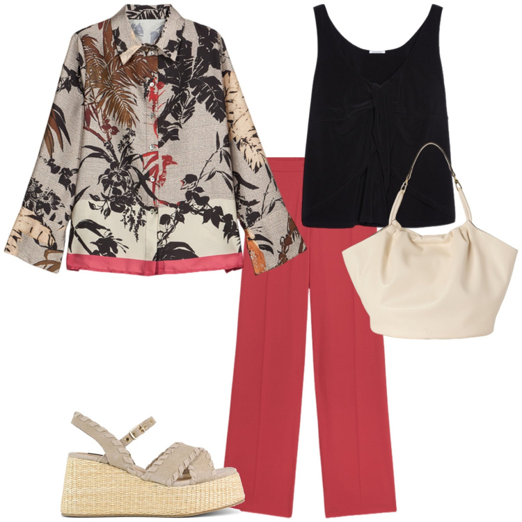 Outfit donna - Fiori di loto. Stile Etnico per Tutti i giorni. Abbinamento con zeppe, top, camicie, pantaloni a palazzo, borse a secchiello.
