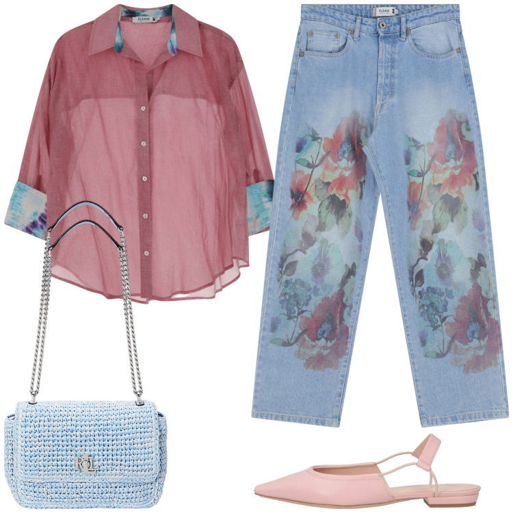 Outfit donna - Il jeans a fiori. Stile Casual per Tutti i giorni. Abbinamento con ballerine, jeans dritti, camicie, borse a spalla.