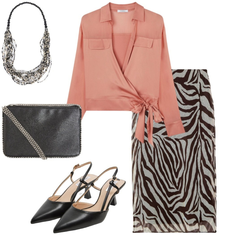 Outfit donna - Gonna longuete animalier. Stile Glamour per Cerimonia. Abbinamento con gonne lunghe, borse a tracolla, sabot, collane, camicie.