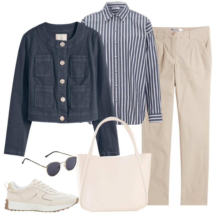 Outfit donna - In beige e blu. Stile Casual per Ufficio. Abbinamento con pantaloni chino, sneakers, occhiali da sole, blazer, camicie, shopping bag.