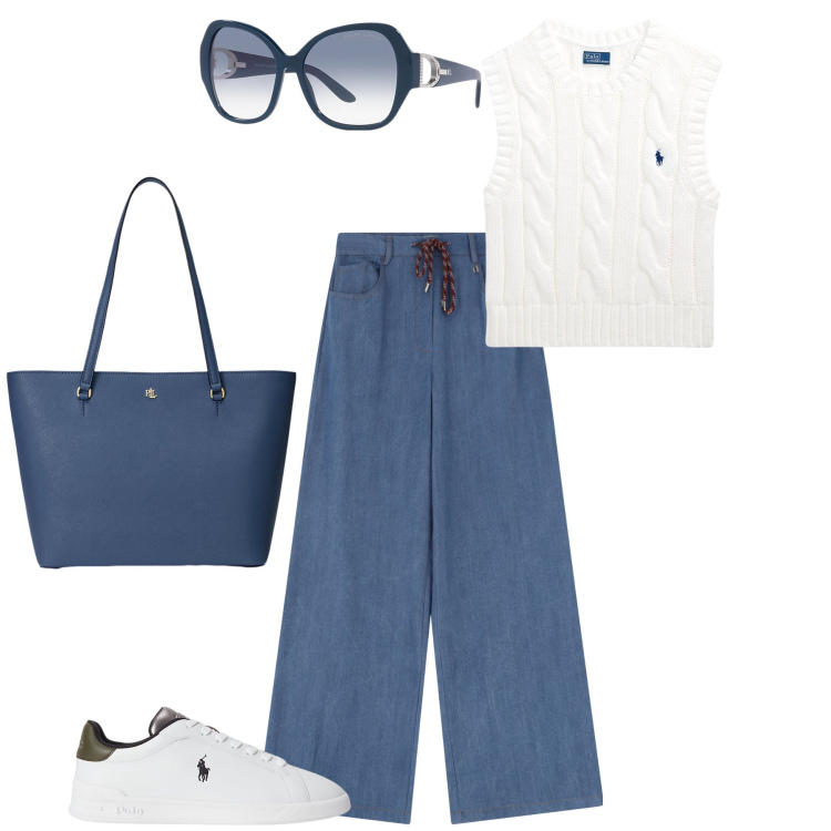 Outfit donna - Bianco & blu. Stile Casual chic per Tutti i giorni. Abbinamento con jeans, borse tote, occhiali da sole, sneakers, maglieria.