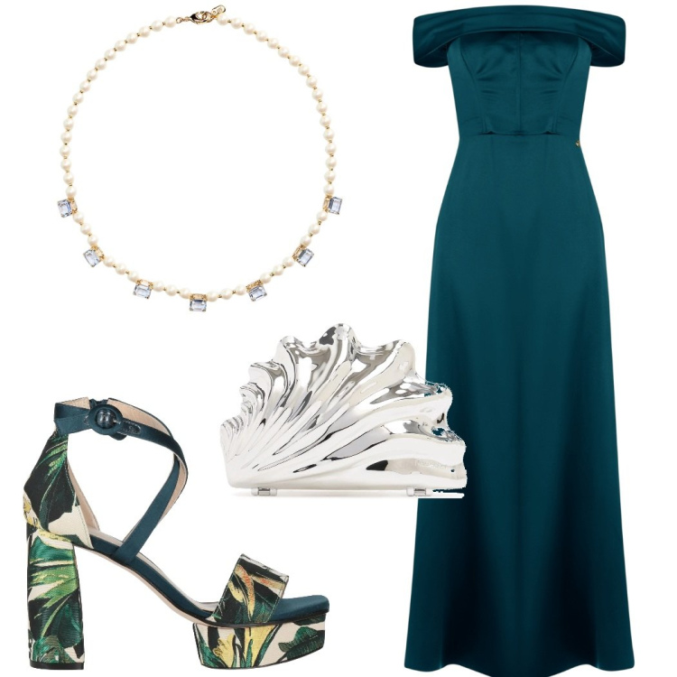Outfit donna - Cerimonia elegante. Stile Glamour per Cerimonia. Abbinamento con sandali in pelle, vestiti lunghi, collane, pochette.