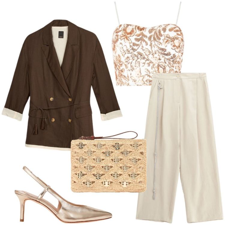 Outfit donna - Serata evento. Stile Chic per Serata fuori. Abbinamento con top, pantaloni, décolleté, pochette, blazer.