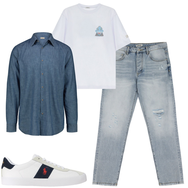 Outfit uomo - Total look #2124032. Stile Casual per Tutti i giorni. Abbinamento con jeans strappati, t-shirt, sneakers, camicie.