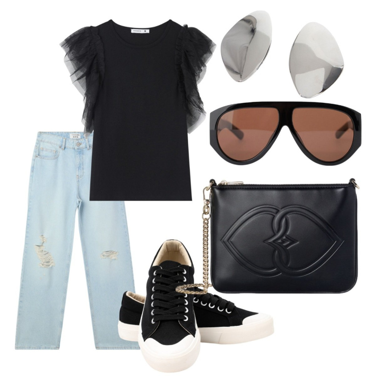 Outfit donna - Gli occhiali trendy. Stile Trendy per Tutti i giorni. Abbinamento con t-shirt, jeans strappati, occhiali da sole, orecchini, sneakers, pochette.