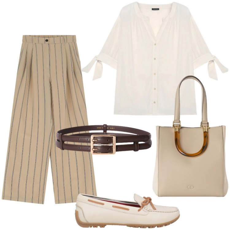 Outfit donna - In ufficio comodità e tessuti freschi. Stile Casual chic per Ufficio. Abbinamento con mocassini, pantaloni, camicie, shopping bag, cinture.