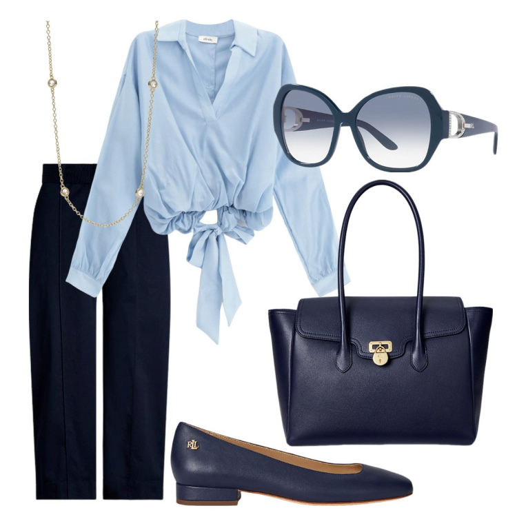Outfit donna - Total look blu- gli occhiali trendy. Stile Trendy per Ufficio. Abbinamento con collane, bluse, occhiali da sole, ballerine, pantaloni, borse a mano.