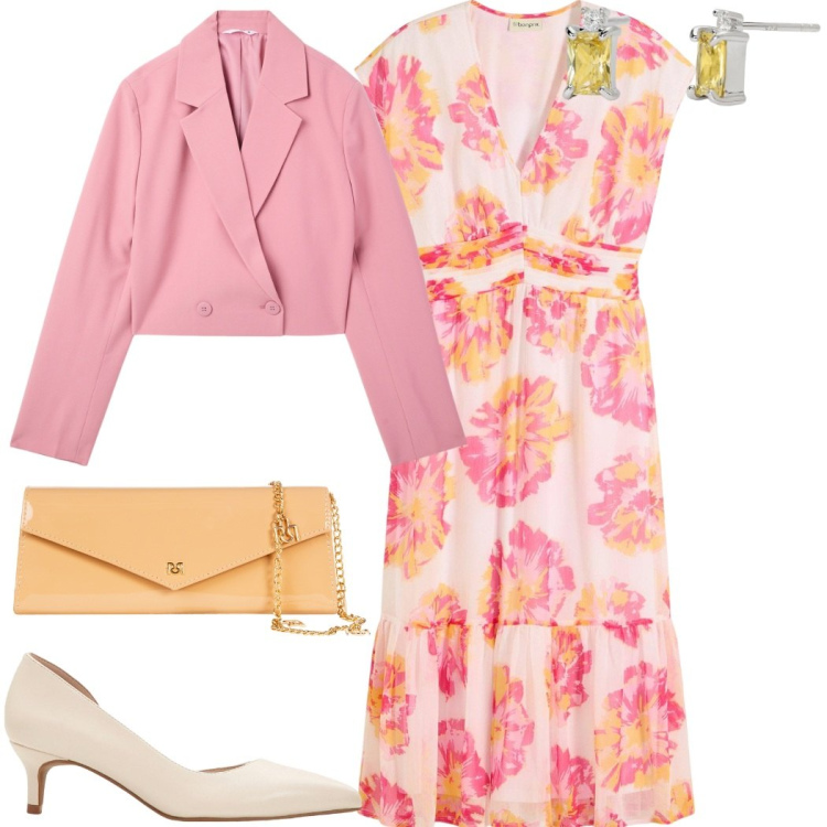 Outfit donna - Abito e accessori. Stile Bon Ton per Cerimonia. Abbinamento con vestiti midi/longuette, décolleté, blazer, orecchini, pochette.