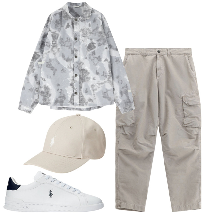 Outfit uomo - Total look #2124051. Stile Casual per Tutti i giorni. Abbinamento con camicie, pantaloni cargo, sneakers, cappelli.