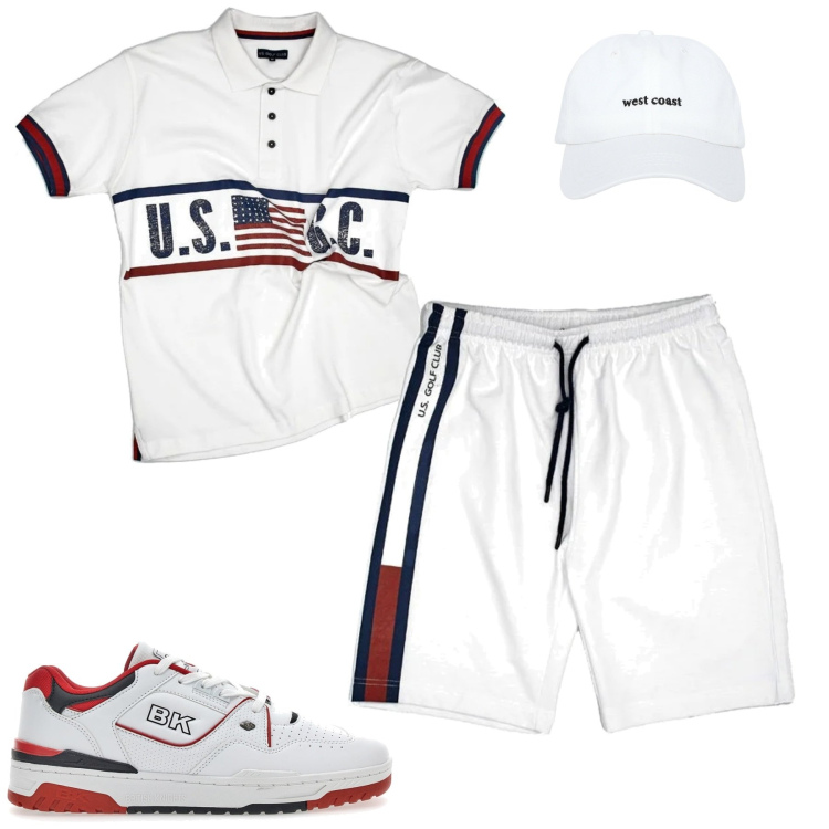 Outfit uomo - U.S.. Stile Casual per Tutti i giorni. Abbinamento con cappelli, polo, sneakers, pantaloni corti.