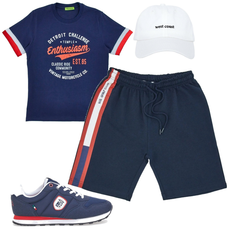 Outfit uomo - Total look #2124054. Stile Casual per Tutti i giorni. Abbinamento con cappelli, sneakers, t-shirt, pantaloni corti.