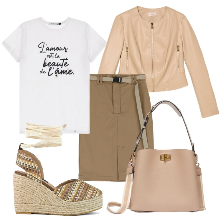 Outfit donna - L\' Amour est la beauty de l\' ame. Stile Chic per Tutti i giorni. Abbinamento con t-shirt, gonne, zeppe, giacche, borse a secchiello.