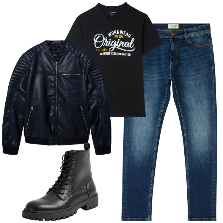 Outfit uomo - Total look #2124062. Stile Biker Rock per Tutti i giorni. Abbinamento con t-shirt, giacche, jeans skinny, anfibi.