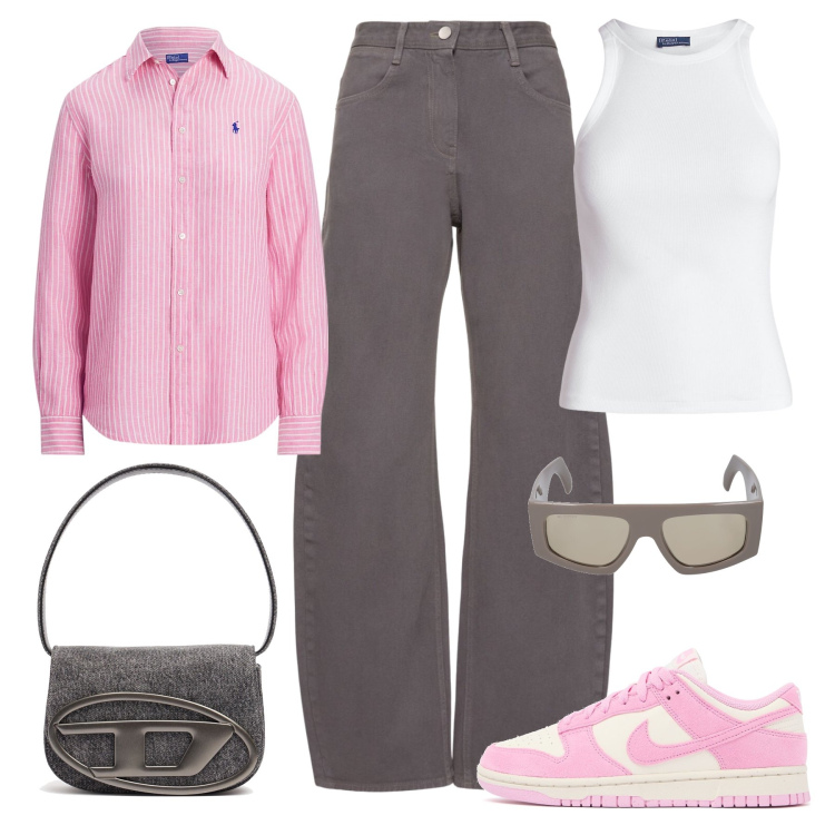 Outfit donna - ~ camicia a righe rosa ~. Stile Basic per Tutti i giorni. Abbinamento con canottiere, camicie, sneakers, occhiali da sole, jeans, borse a spalla.