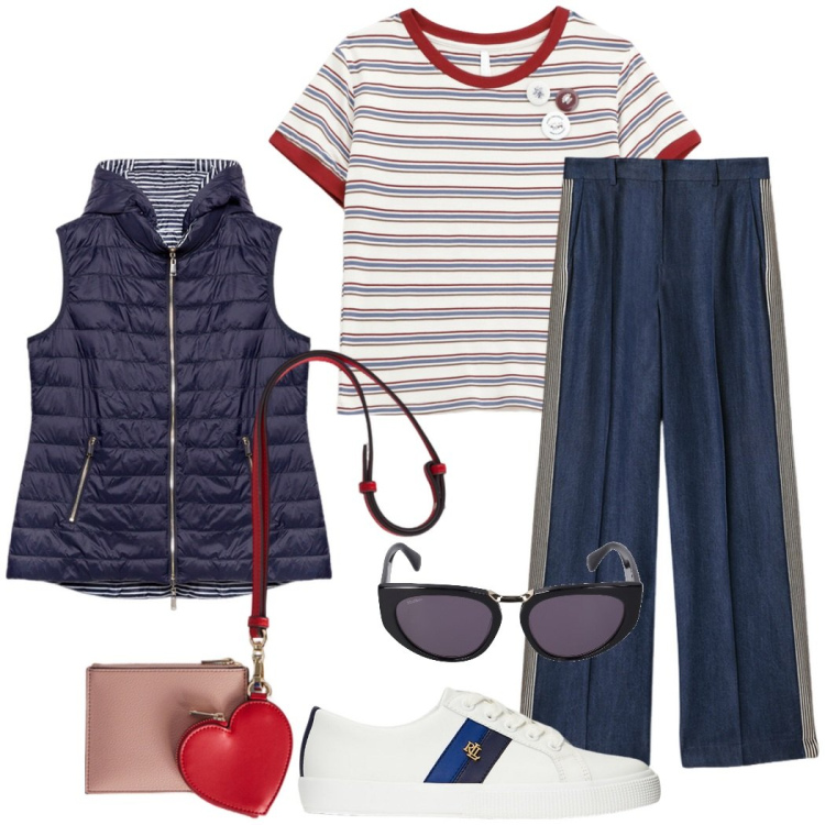 Outfit donna - Domenica al mare. Stile Casual chic per Tutti i giorni. Abbinamento con t-shirt, sneakers, piumini, portafogli, pantaloni, occhiali da sole.