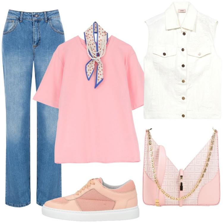 Outfit donna - Primavera color pastello. Stile Casual chic per Tutti i giorni. Abbinamento con sneakers, borse a spalla, t-shirt, jeans, gilet.