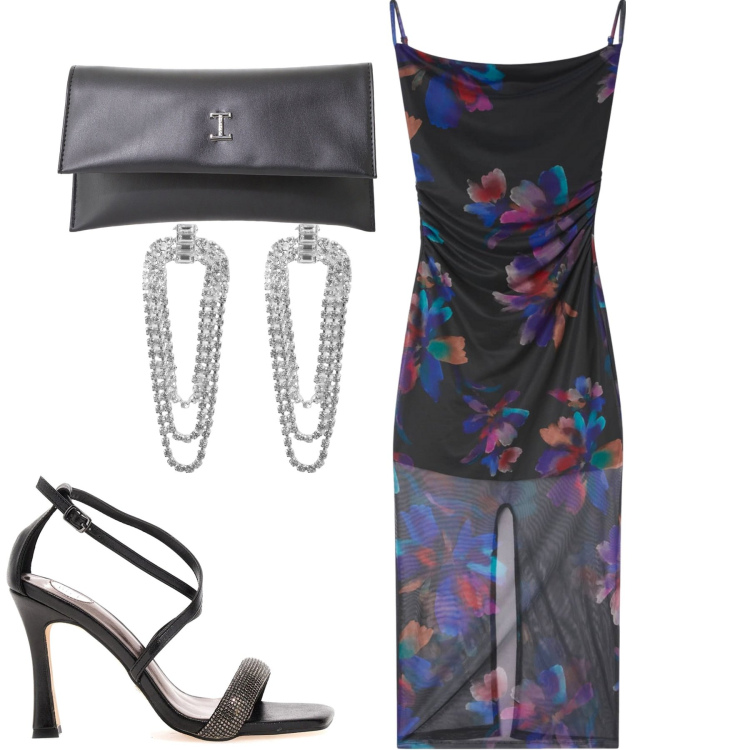Outfit donna - Tulle fiori e trasparenze. Stile Chic per Serata fuori. Abbinamento con vestiti lunghi, orecchini, pochette, sandali col tacco.