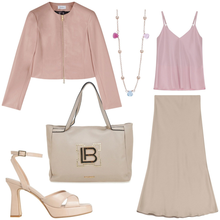 Outfit donna - Total look giorno e sera. Stile Casual chic per Tutti i giorni. Abbinamento con sandali col tacco, collane, top, gonne lunghe, borse a spalla, blazer.