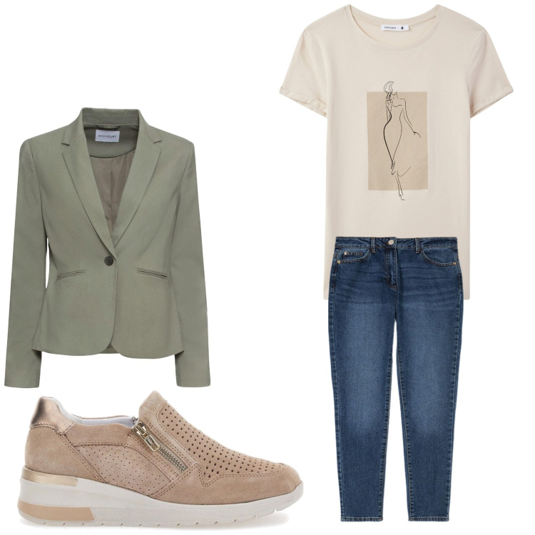 Outfit donna - Casual. Stile Casual per Tutti i giorni. Abbinamento con blazer, t-shirt, sneakers, jeans slim fit.