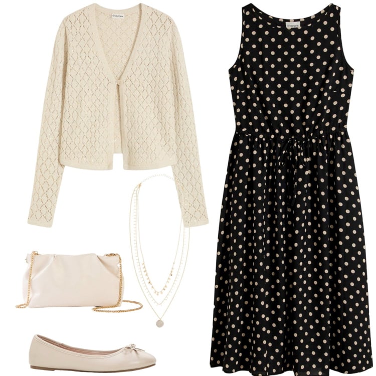 Outfit donna - Una serata romantica. Stile Romantica per Serata fuori. Abbinamento con collane, vestiti midi/longuette, cardigans, ballerine, pochette.
