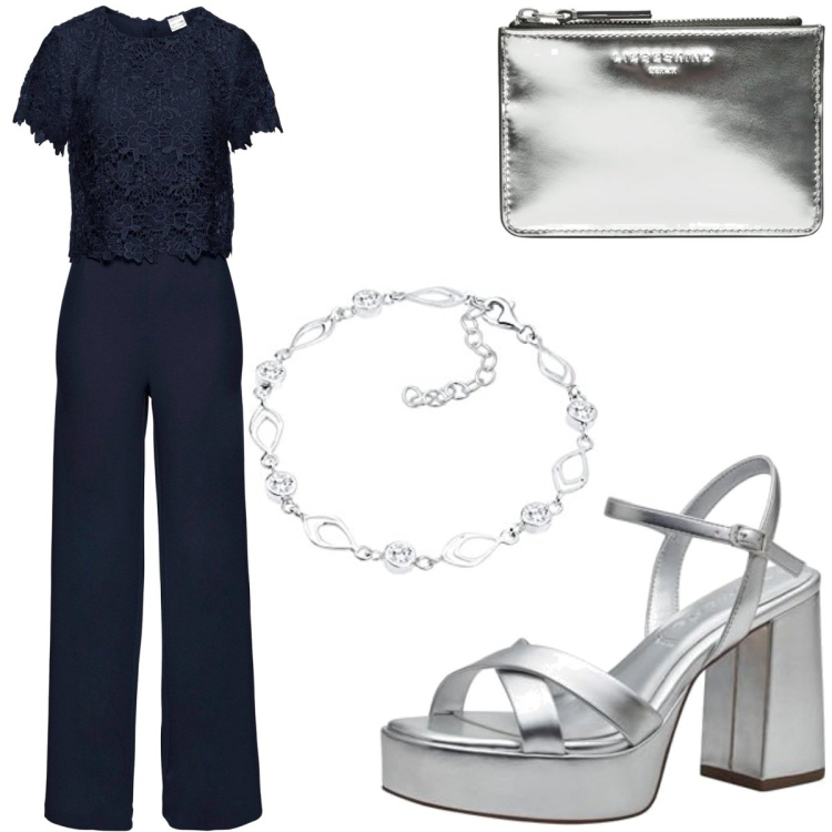 Outfit femme - Casual chic #8486. Style Casual chic pour Cérémonie. Assortir avec combinaisons, sandales à talon, porte-monnaie, bracelets.