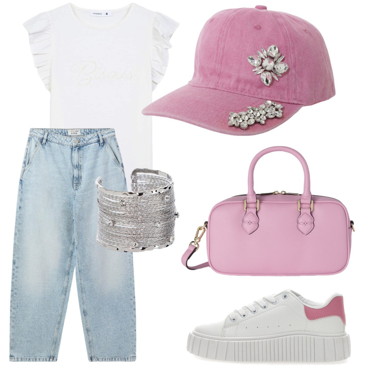 Outfit donna - Dettagli glam. Stile Glamour per Tutti i giorni. Abbinamento con t-shirt, jeans, cappelli, braccialetti, sneakers, borse a mano.