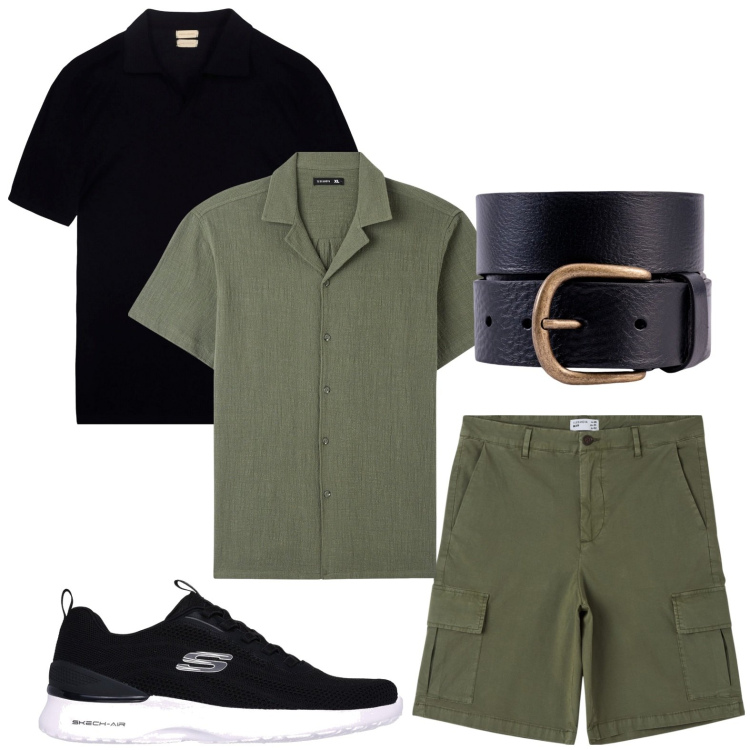 Outfit uomo - Effetto bosco. Stile Casual per Tutti i giorni. Abbinamento con camicie a manica corta, bermuda, sneakers, polo, cinture.