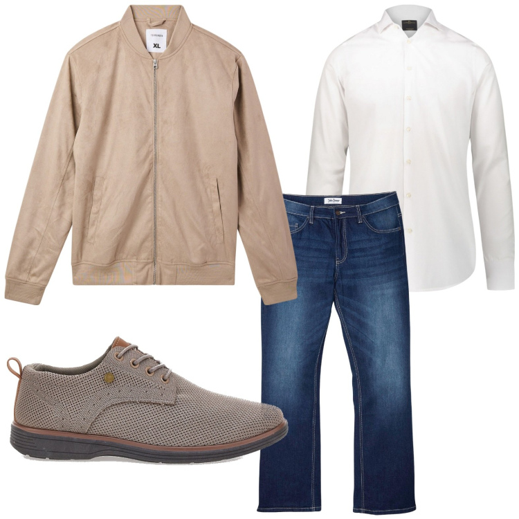 Outfit uomo - Basico. Stile Trendy per Tutti i giorni. Abbinamento con jeans bootcut, bomber, camicie, scarpe stringate.