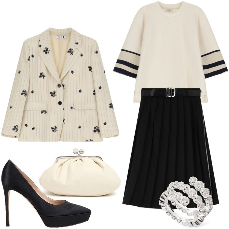 Outfit donna - Stagione di cerimonie. Stile Chic per Cerimonia. Abbinamento con décolleté, blazer, gonne longuette, felpe, anelli, pochette.