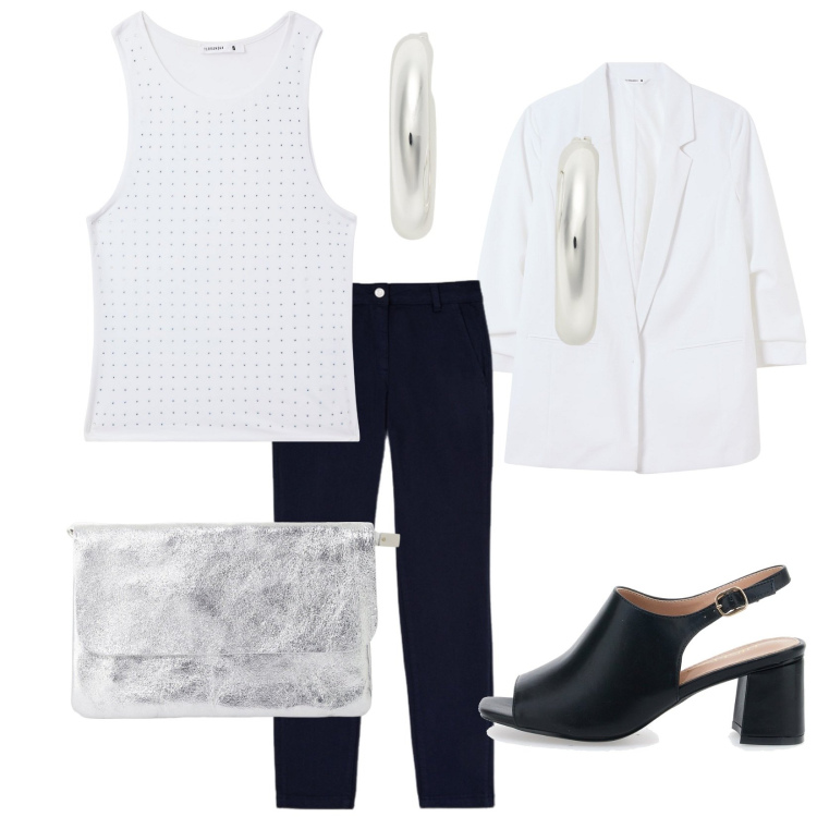 Outfit donna - Adoro i cerchi piccoli. Stile Trendy per Serata fuori. Abbinamento con top, blazer, borse a tracolla, orecchini, sandali col tacco, pantaloni chino.