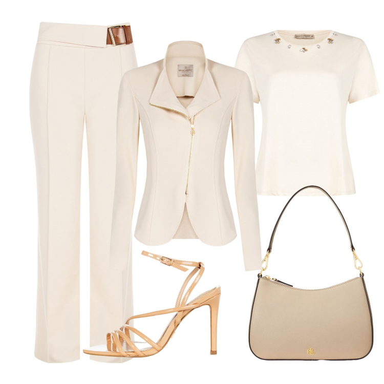 Outfit donna - Rinascimento beige. Stile Chic per Cerimonia. Abbinamento con blazer, t-shirt, sandali col tacco, pantaloni, borse a spalla.