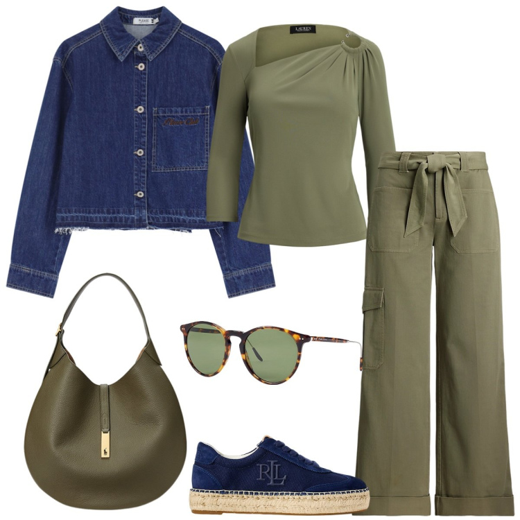 Outfit donna - Militare e jeans. Stile Casual per Tutti i giorni. Abbinamento con blazer, occhiali da sole, borse a spalla, sneakers, top, pantaloni cargo.