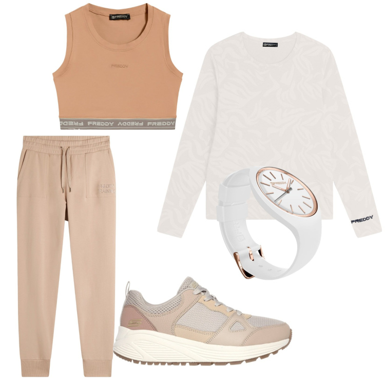 Outfit donna - Tempo di sport. Stile Casual per Sport. Abbinamento con pantaloni, t-shirt sportive, top sportivi, orologi, sneakers.