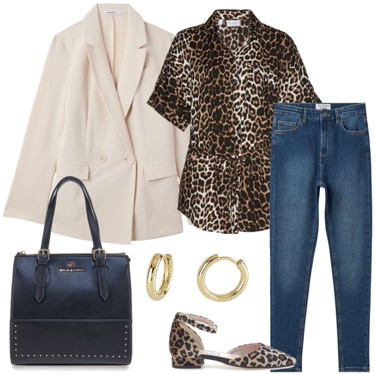 Outfit donna - Animalier. Stile Casual chic per Tutti i giorni. Abbinamento con camicie a manica corta, blazer, jeans skinny, orecchini, borse a mano, ballerine.