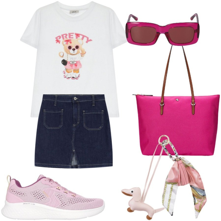 Outfit donna - Pretty girl. Stile Casual per Tutti i giorni. Abbinamento con minigonne, portachiavi, t-shirt, borse tote, sneakers, occhiali da sole.