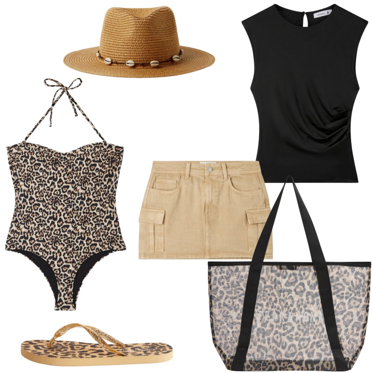 Outfit donna - Budget € 64: al mare con Terranova!. Stile Trendy per Mare. Abbinamento con minigonne, t-shirt, costumi interi, cappelli, shopping bag, infradito.