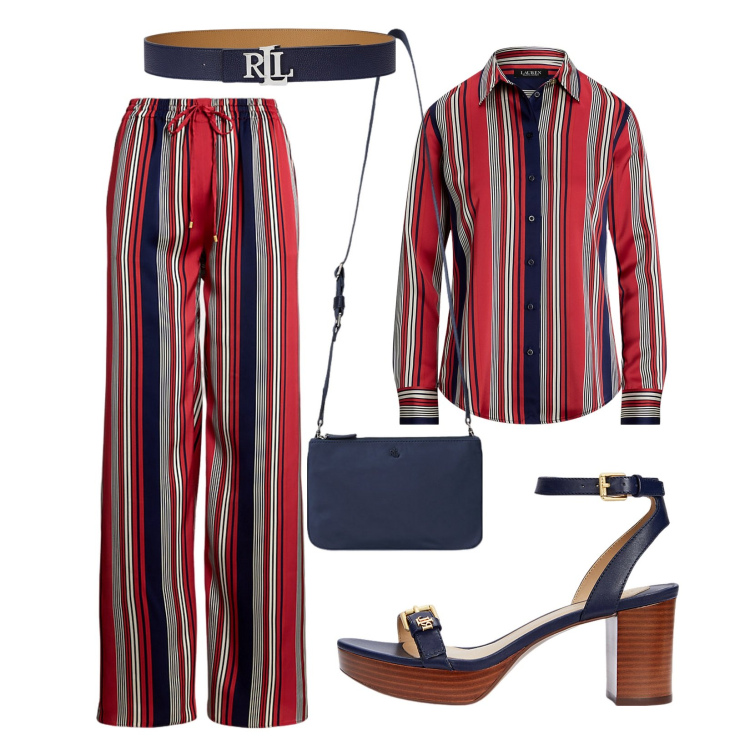 Outfit donna - Raso a righe. Stile Casual chic per Ufficio. Abbinamento con cinture, borse a tracolla, sandali in pelle, camicie, pantaloni.