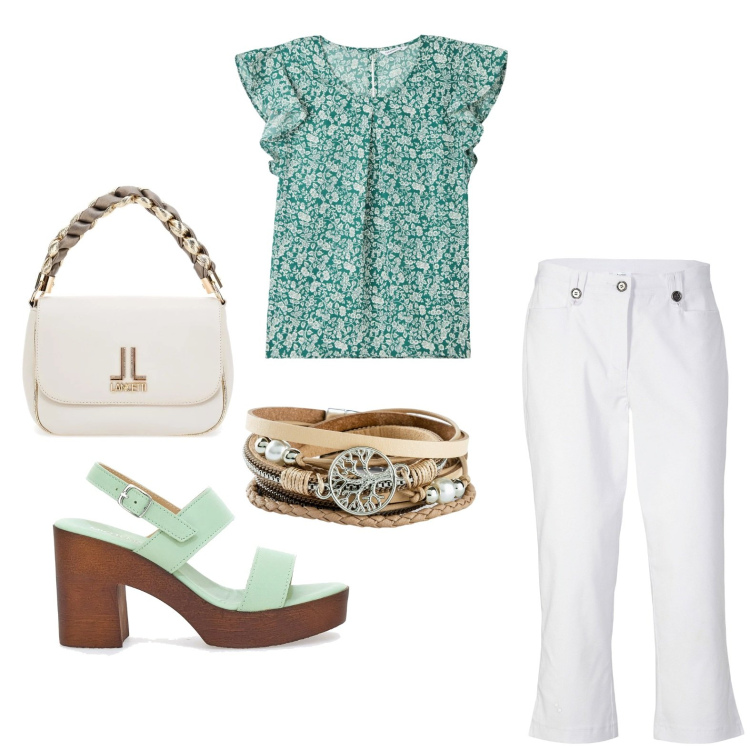 Outfit donna - ever green. Stile Urban Abbinamento con braccialetti, pantaloni capri, bluse, borse a tracolla, zoccoli.