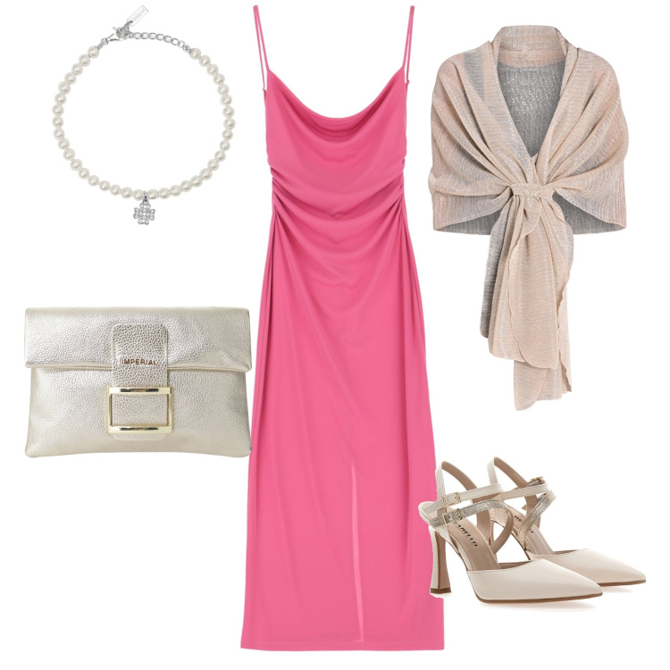 Outfit donna - Cerimonia di giorno. Stile Glamour per Cerimonia. Abbinamento con braccialetti con ciondoli, stole, vestiti, pochette, décolleté.