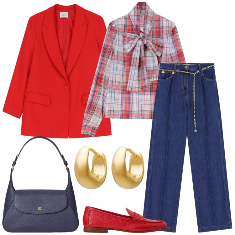 Outfit donna - Ufficio. Stile Casual chic per Ufficio. Abbinamento con orecchini, jeans, camicie, blazer, borse a spalla, mocassini.